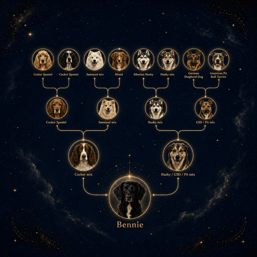 The finished celestial family-tree render — the whole three-generation tree legible, every ancestor a portrait against a starlit gold ground.